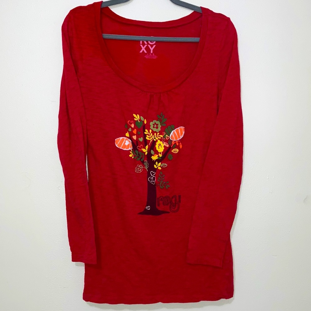 Roxy Long Sleeve Tee Red Colorful Tree- Size Large